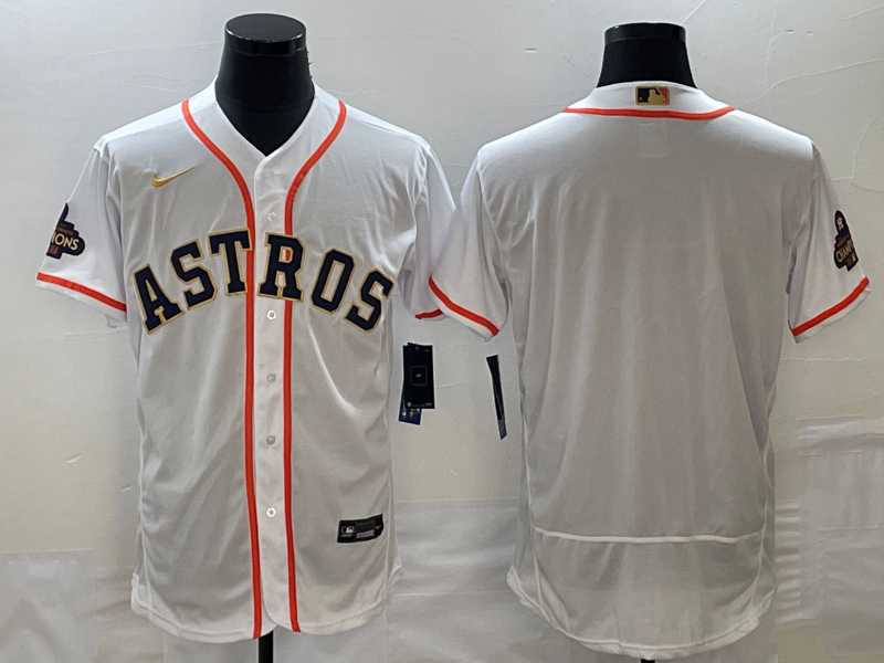 Mens Houston Astros Blank 2023 White Gold World Serise Champions Patch Flex Base Stitched Jersey